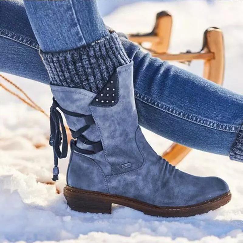 Size 10.5 snow boots Women's sweater cuff  mid calf zipper low heel back lace-up boots