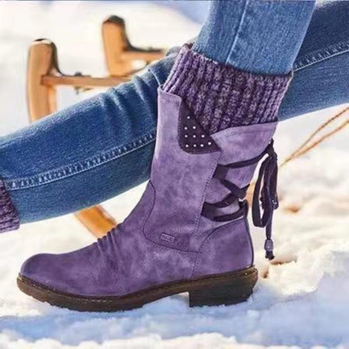 Size 10.5 snow boots Women's sweater cuff  mid calf zipper low heel back lace-up boots