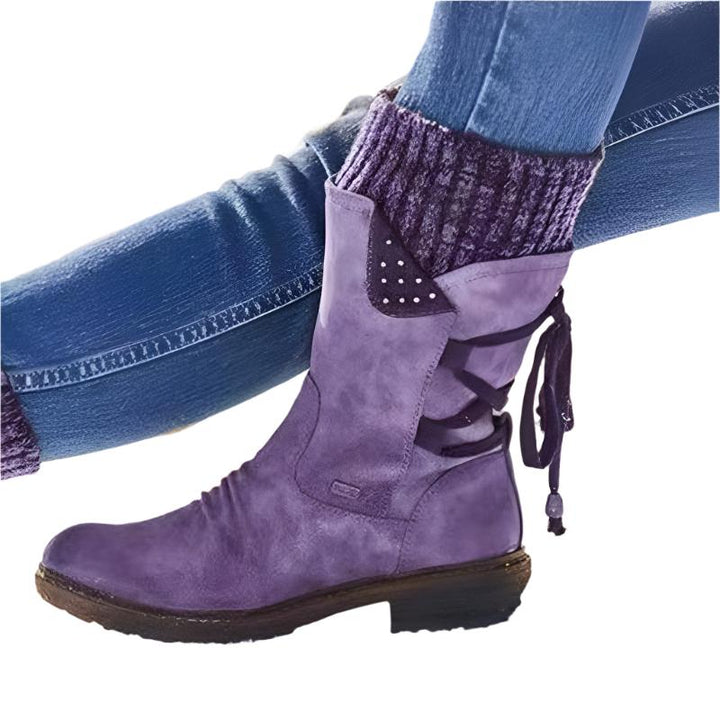 Size 10.5 snow boots Women's sweater cuff  mid calf zipper low heel back lace-up boots