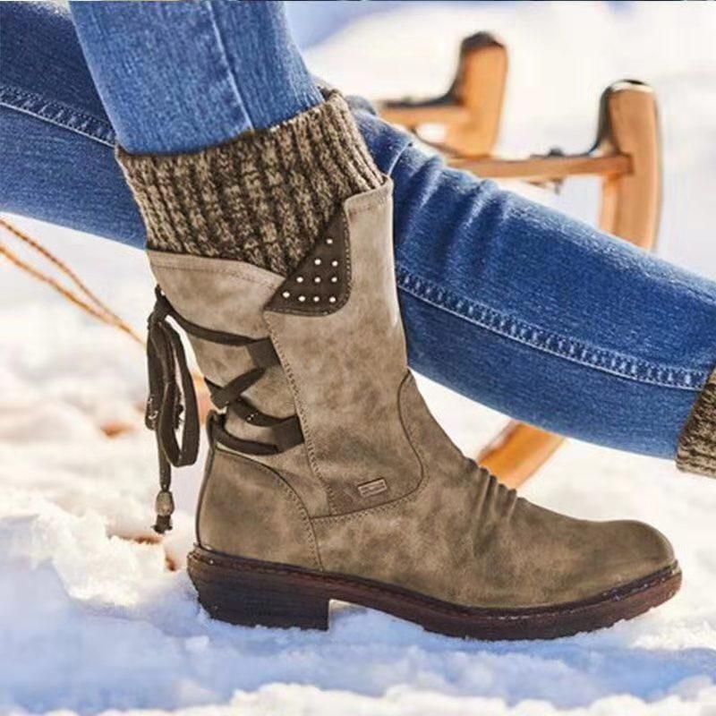 Size 10.5 snow boots Women's sweater cuff  mid calf zipper low heel back lace-up boots