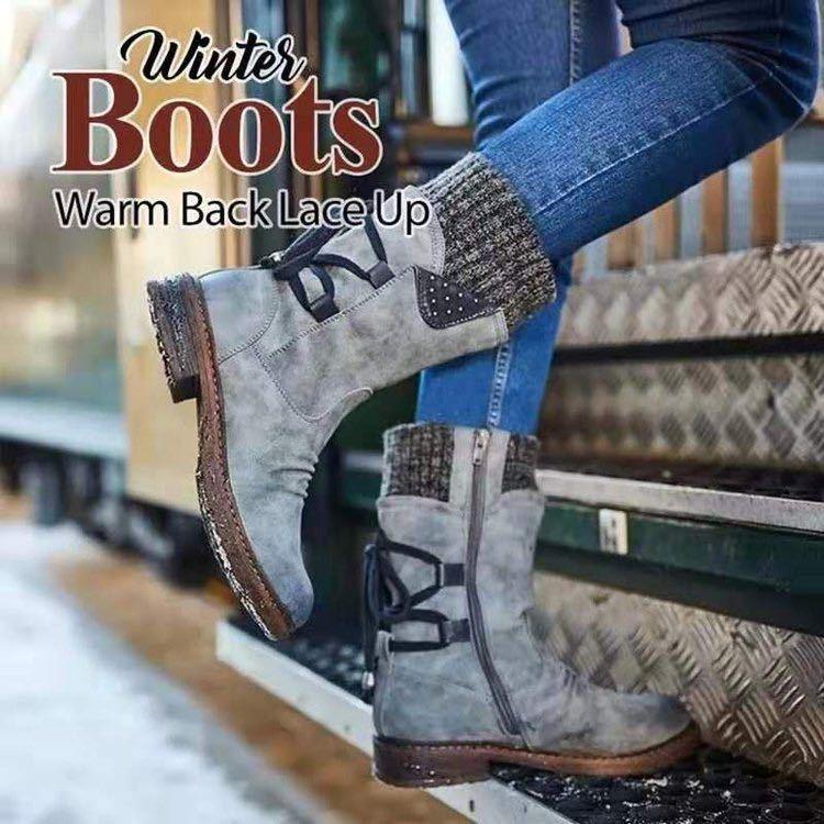 Size 10.5 snow boots Women's sweater cuff  mid calf zipper low heel back lace-up boots