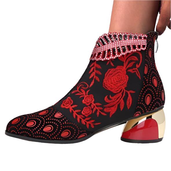 Size 10.5 Women fashion embroidered flower hollow leaf block heel boots