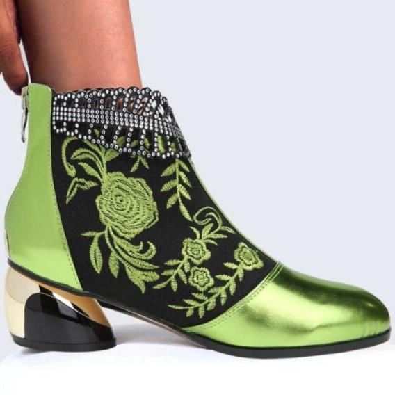 Size 10.5 Women fashion embroidered flower hollow leaf block heel boots