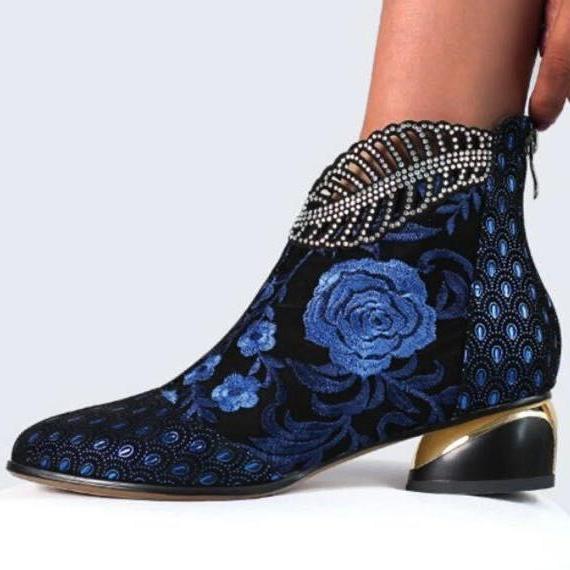 Size 10.5 Women fashion embroidered flower hollow leaf block heel boots