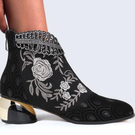 Size 10.5 Women fashion embroidered flower hollow leaf block heel boots