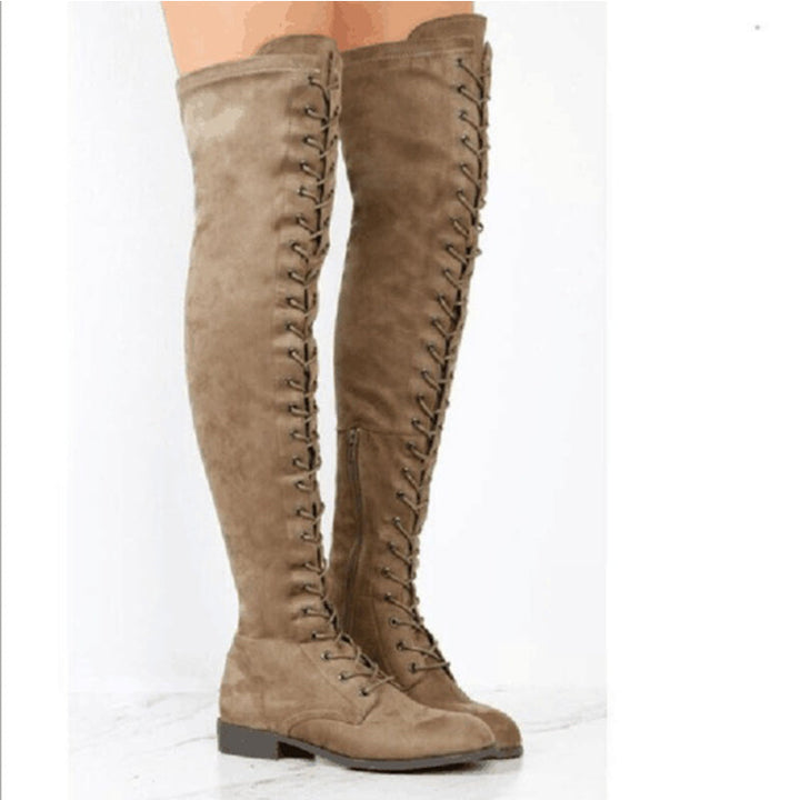 Size 10.5 Over the knee lace-up boots fashion low heel thigh high boots with zipper Over the knee lace-up boots