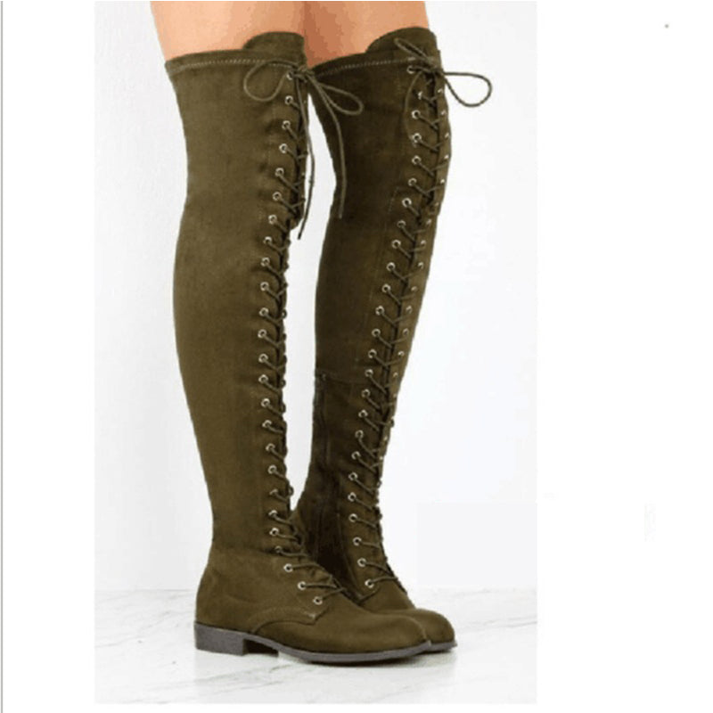 Size 10.5 Over the knee lace-up boots fashion low heel thigh high boots with zipper Over the knee lace-up boots