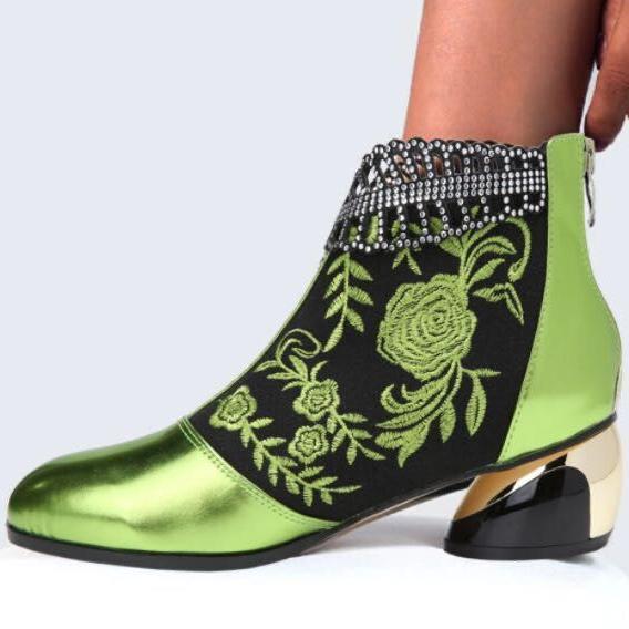 Size 10.5 Women fashion embroidered flower hollow leaf block heel boots