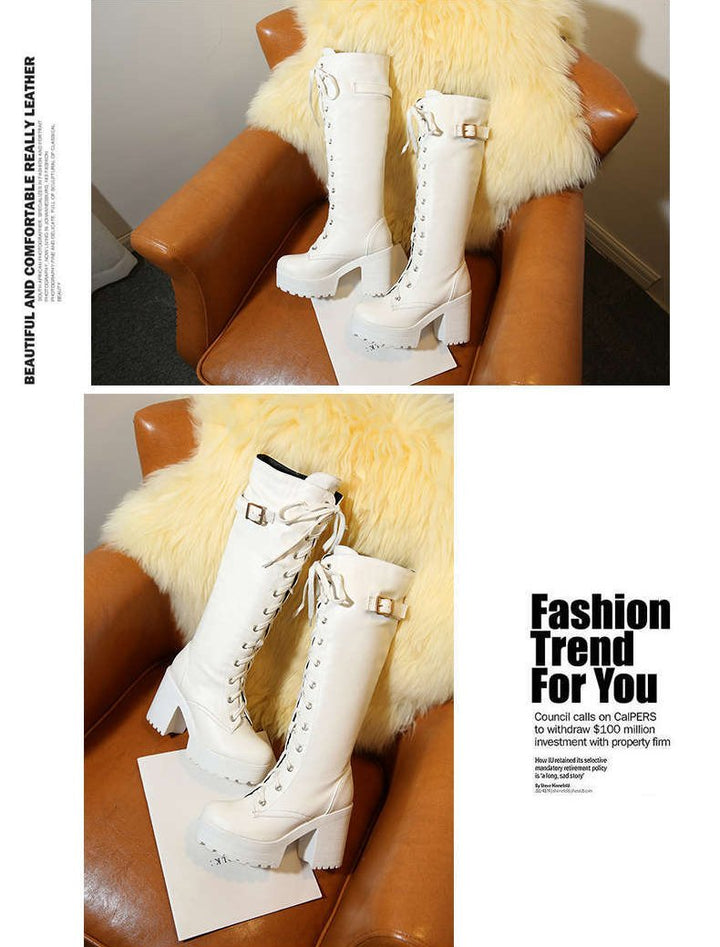 Women Platform Chunky Heel Lace Up Long Boots - fashionshoeshouse