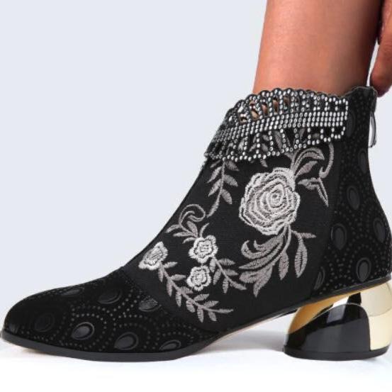 Size 10.5 Women fashion embroidered flower hollow leaf block heel boots