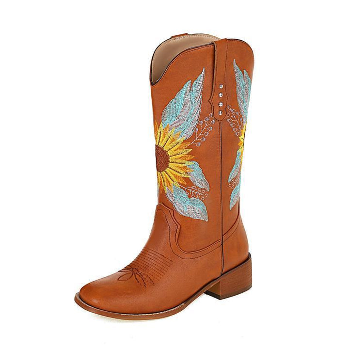 Size 14 brown ethnic flower embroidery mid calf cowboy boots