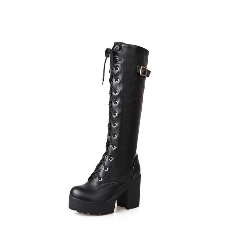 Women Platform Chunky Heel Lace Up Long Boots - fashionshoeshouse