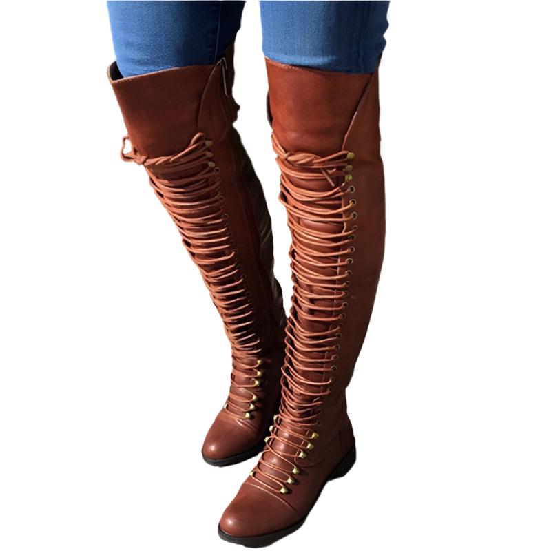 Women Comabat Boots Lace Up Over The Knee Boots - fashionshoeshouse