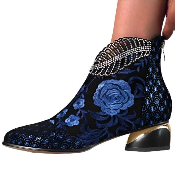 Size 10.5 Women fashion embroidered flower hollow leaf block heel boots