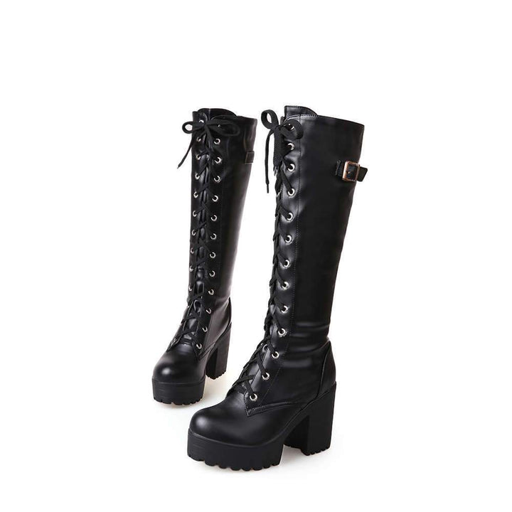 Women Platform Chunky Heel Lace Up Long Boots - fashionshoeshouse