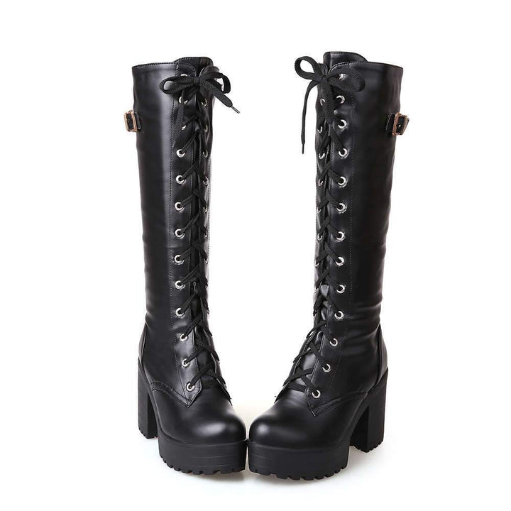 Women Platform Chunky Heel Lace Up Long Boots - fashionshoeshouse