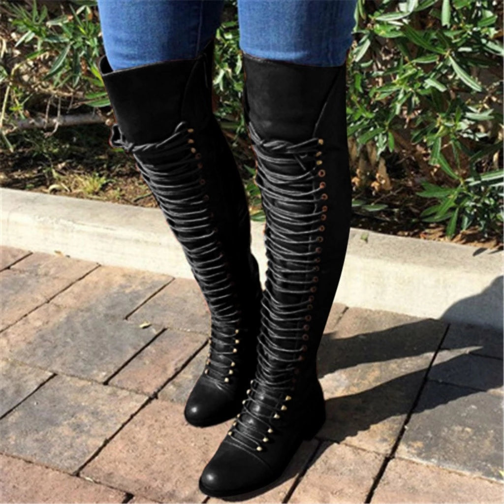 Size 10.5 Women's low heel thigh high zipper boots with front lace women boots