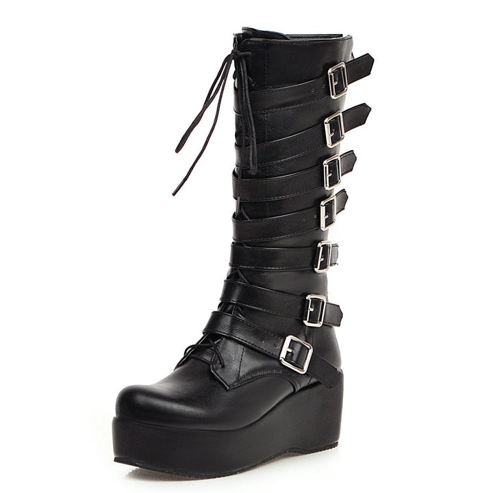 Size 12 Black punk chunky platform boots with multi buckle straps