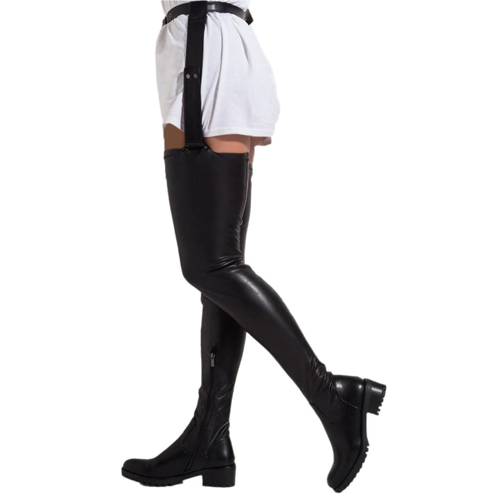 Size 12 block heels waist belted thigh high boots