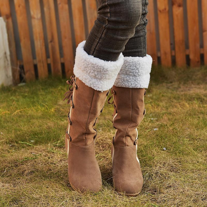 Size 10.5  lace-up Women's plush cuff back mid calf snow boots