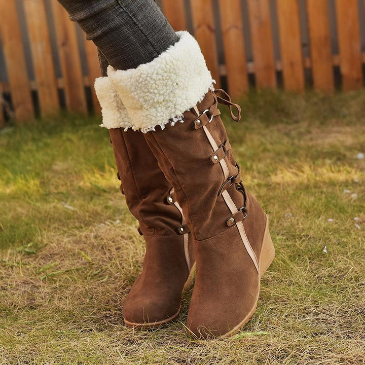 Size 10.5  lace-up Women's plush cuff back mid calf snow boots