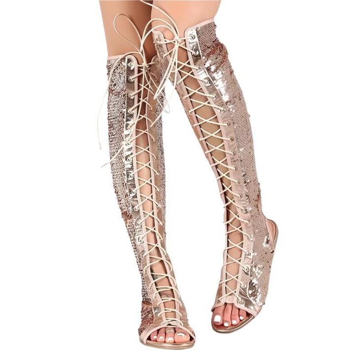 Size 11 sequins shining knee high gladiator sandals peep toe