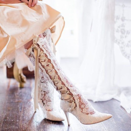 Size 11 Floral Lace Ribbons Knee High Wedding Boots