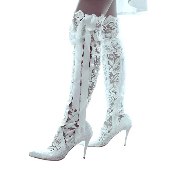 Size 11 Floral Lace Ribbons Knee High Wedding Boots