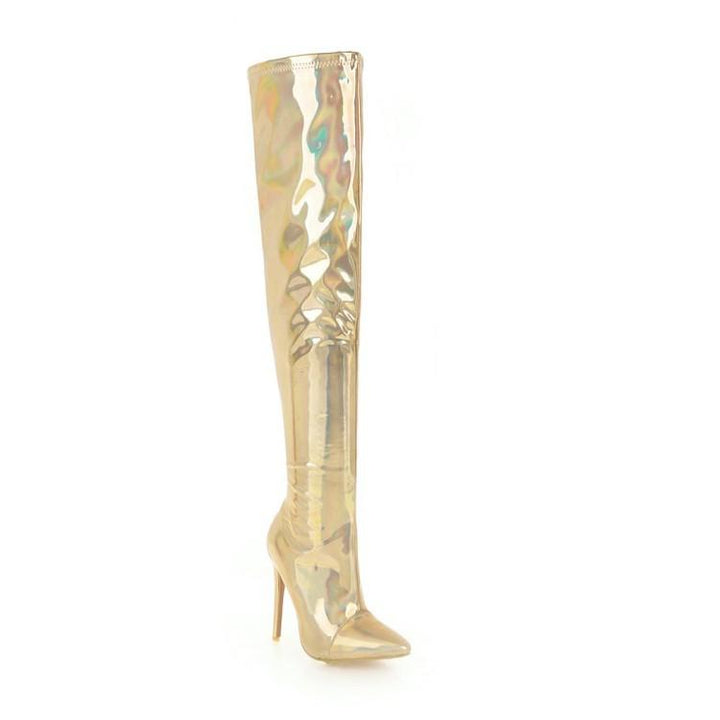 Size 13 metallic silver gold stiletto thigh high boots for party dancing