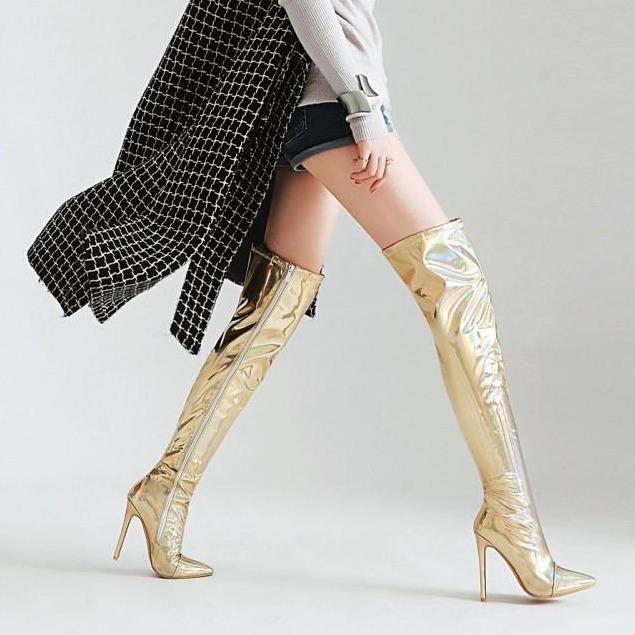 Size 13 metallic silver gold stiletto thigh high boots for party dancing