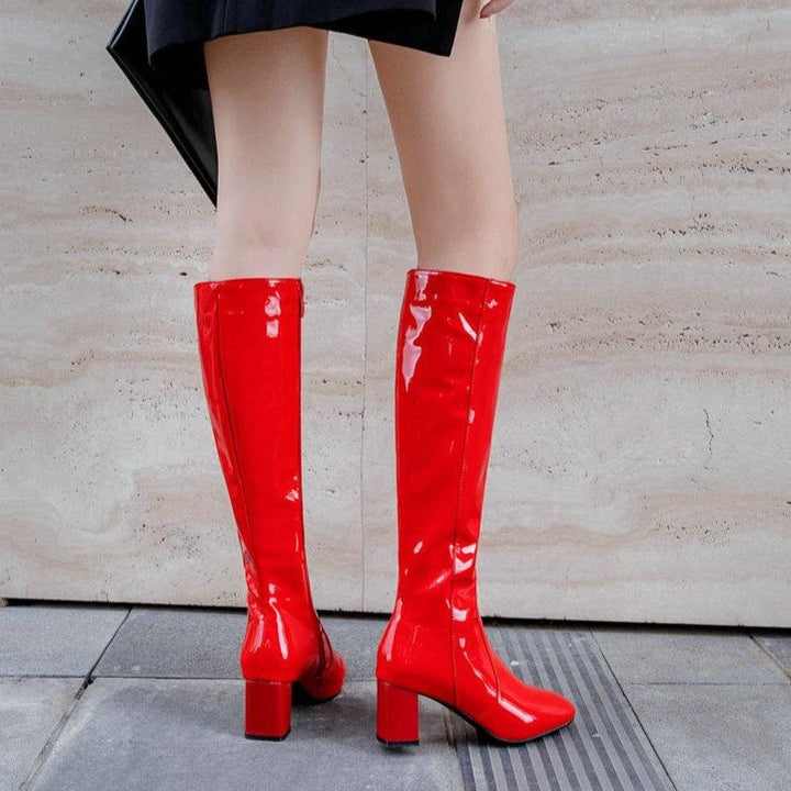 Size 11.5 PU patent leather under the knee boots for party