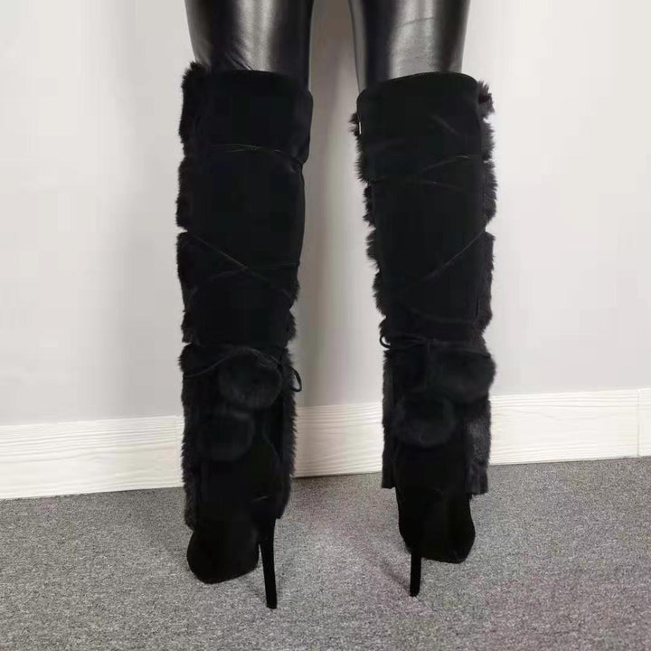 Size 13 black furry stiletto heels pom pom knee high boots