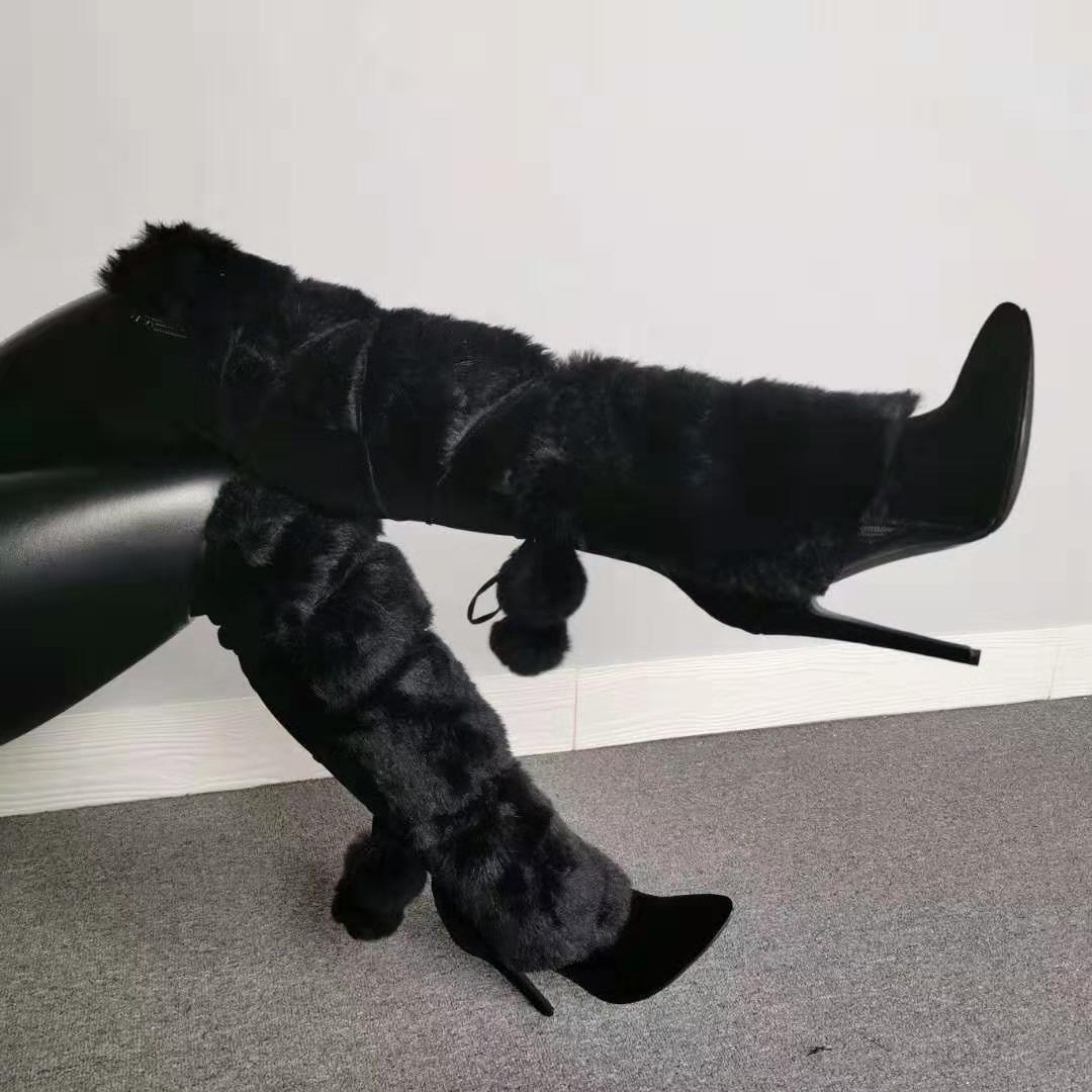 Size 13 black furry stiletto heels pom pom knee high boots