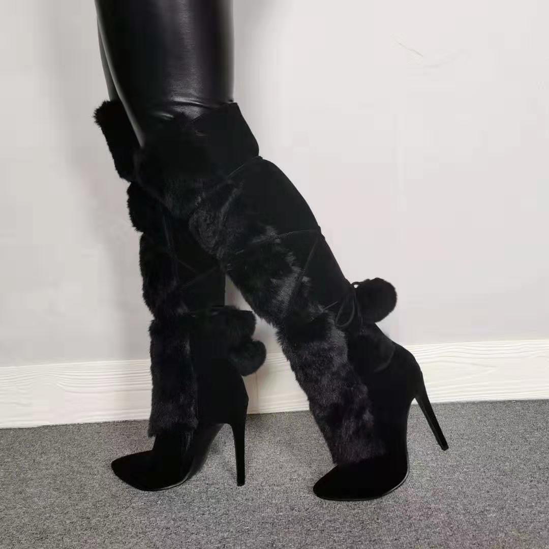 Size 13 black furry stiletto heels pom pom knee high boots