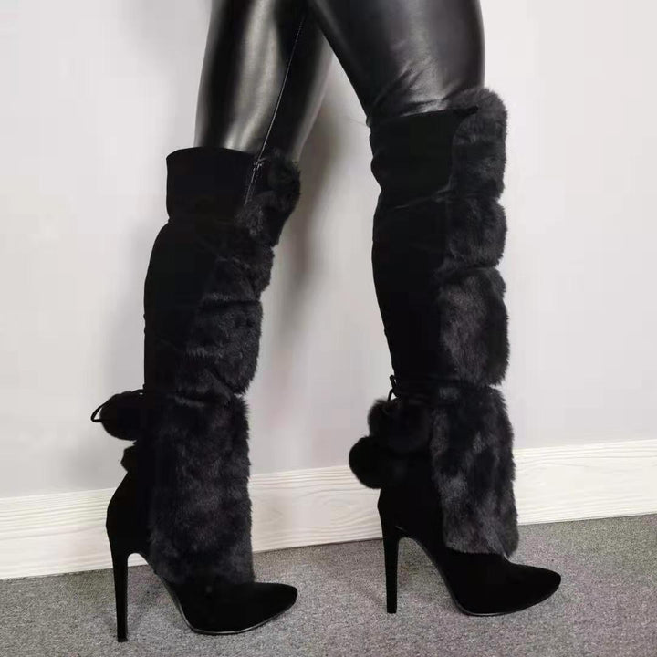 Size 13 black furry stiletto heels pom pom knee high boots