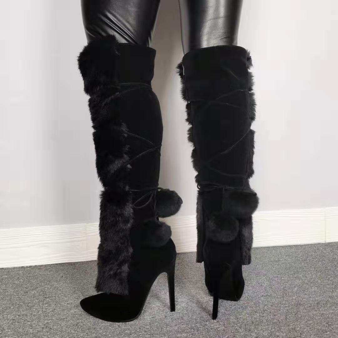 Size 13 black furry stiletto heels pom pom knee high boots