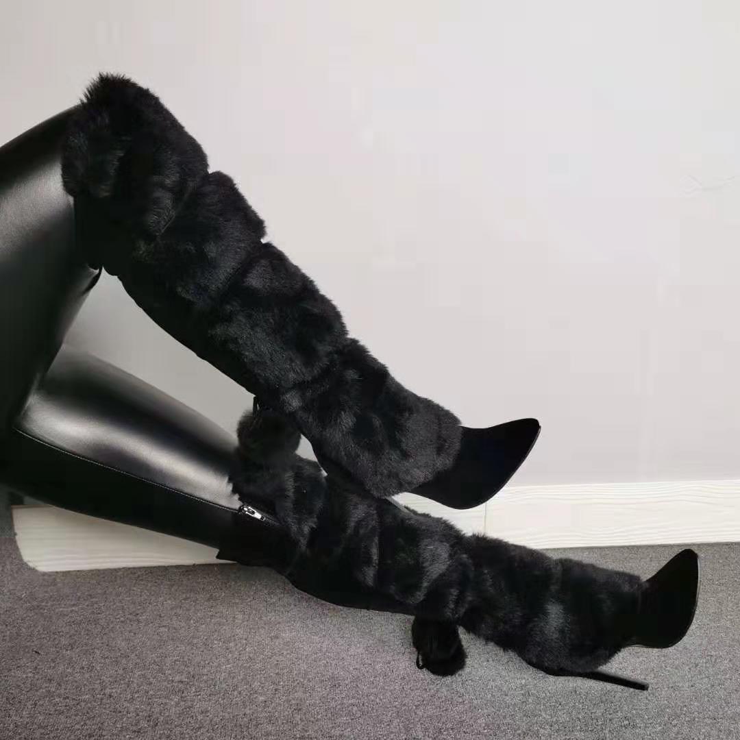 Size 13 black furry stiletto heels pom pom knee high boots