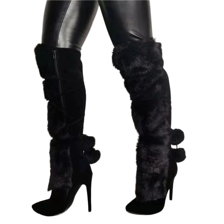 Size 13 black furry stiletto heels pom pom knee high boots