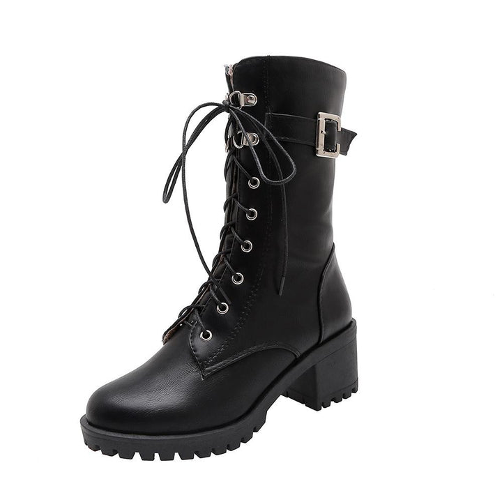 Size 11.5 block heels mid calf combat boots  lace-up biker boots