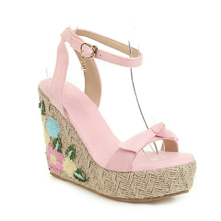 Size 13 cute flower carved espadrille platform wedge sandals with ankle strap