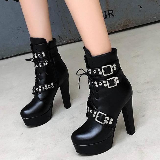 Size 14 chunky platform high heels booties with multi buckles