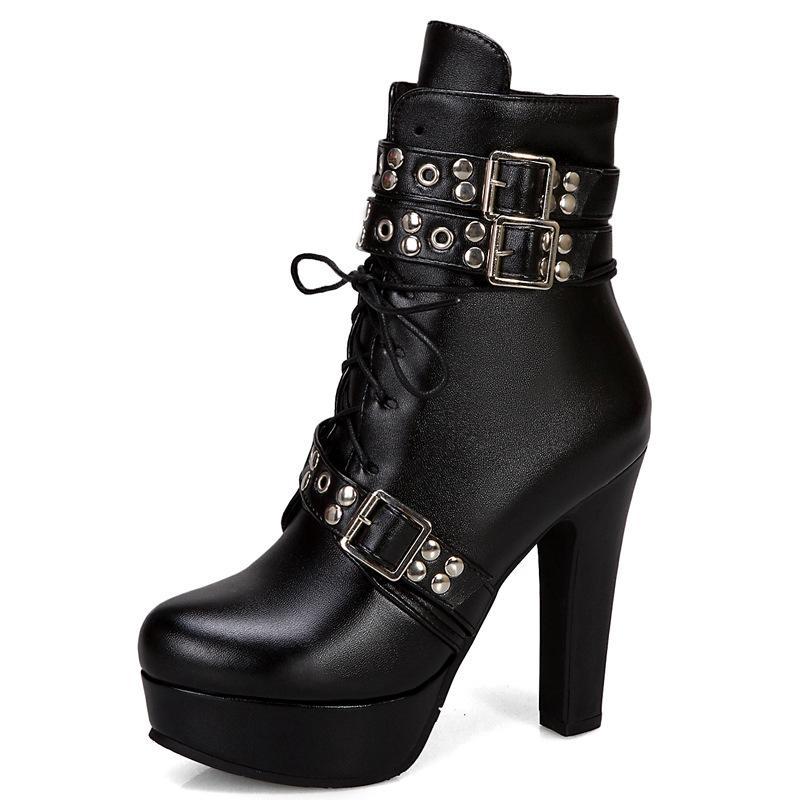 Size 14 chunky platform high heels booties with multi buckles