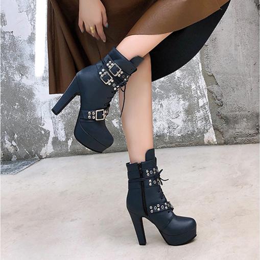 Size 14 chunky platform high heels booties with multi buckles