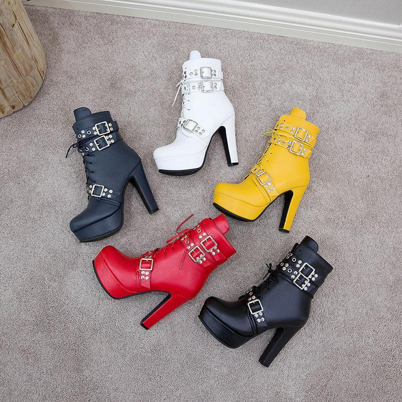 Size 14 chunky platform high heels booties with multi buckles