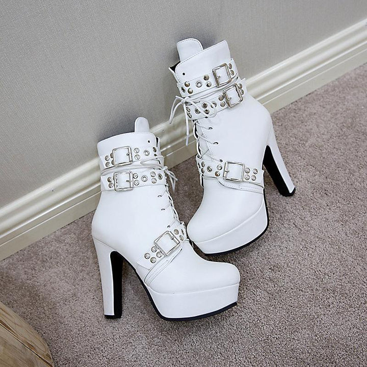 Size 14 chunky platform high heels booties with multi buckles