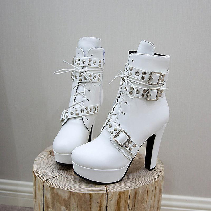 Size 14 chunky platform high heels booties with multi buckles