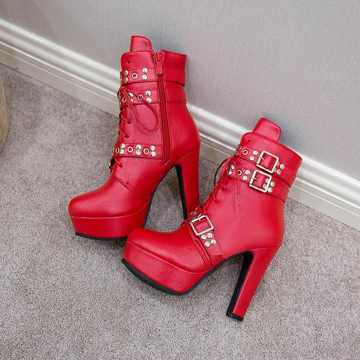 Size 14 chunky platform high heels booties with multi buckles