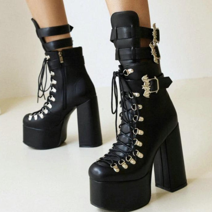 Size 12 black punk chunky platform combat boots with bat buckles