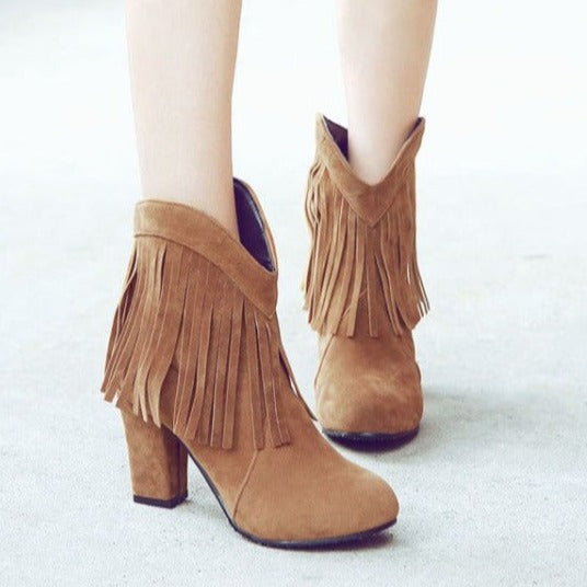 Size 13 faux suede tassels chunky high heels booties