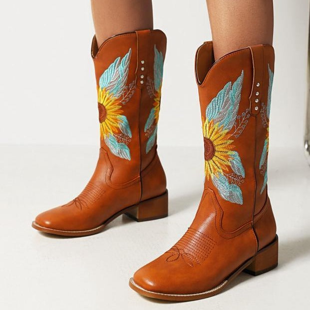 Size 14 brown ethnic flower embroidery mid calf cowboy boots